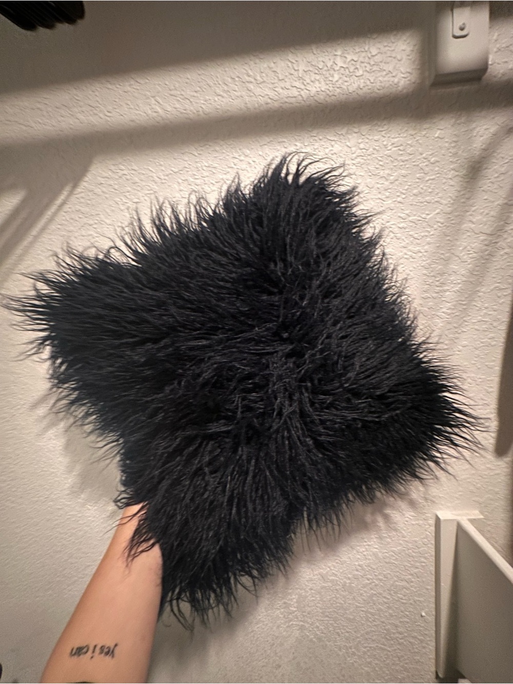 Black Faux Fur Square Throw Pillow